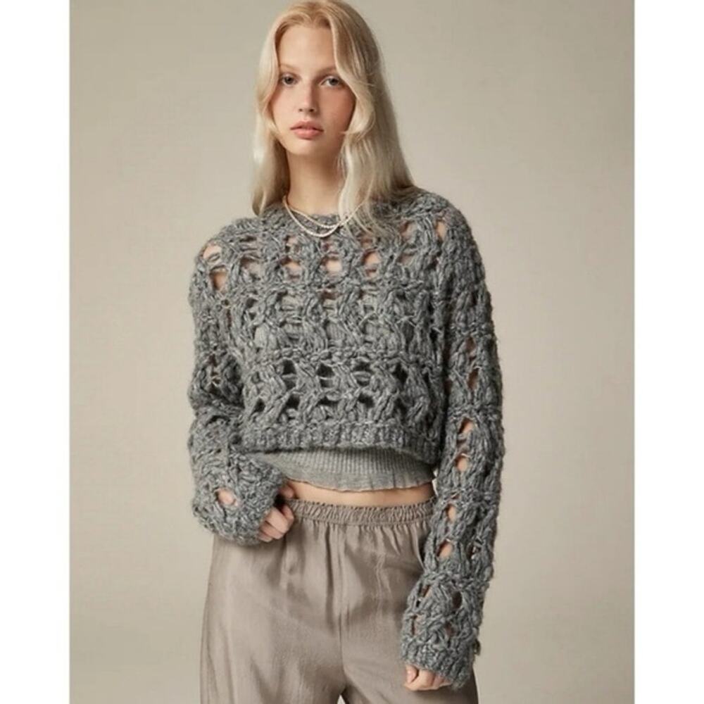 J.Crew Collection Open-Weave Alpaca Crop Sweater Heather Grey XL